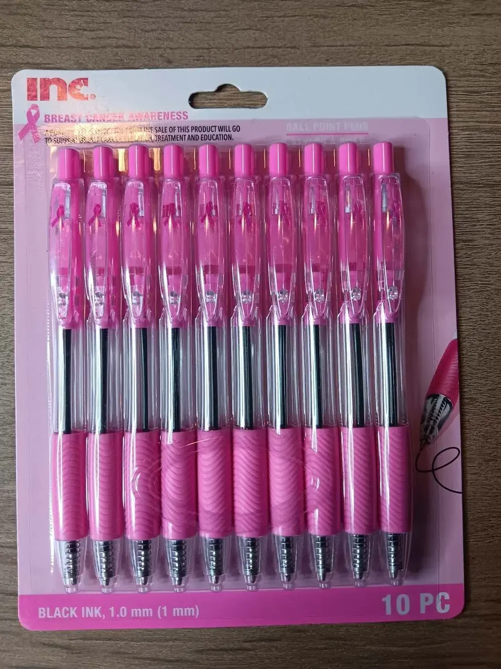 Inc. Breast Cancer Awareness Ballpoint Pens Black Ink 1.0 mm 10 Pack